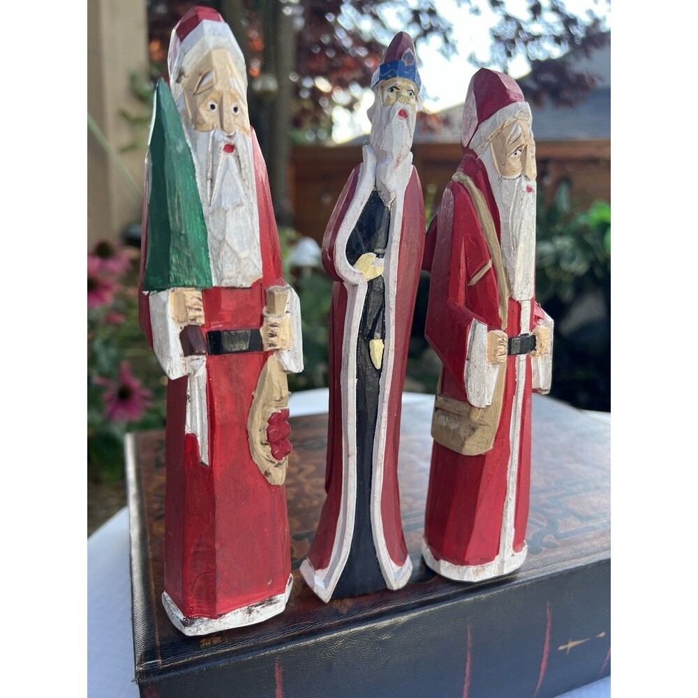 VTG 1990s Midwest of Cannon Falls Carved Wood Folk Art Santa Set of 3
